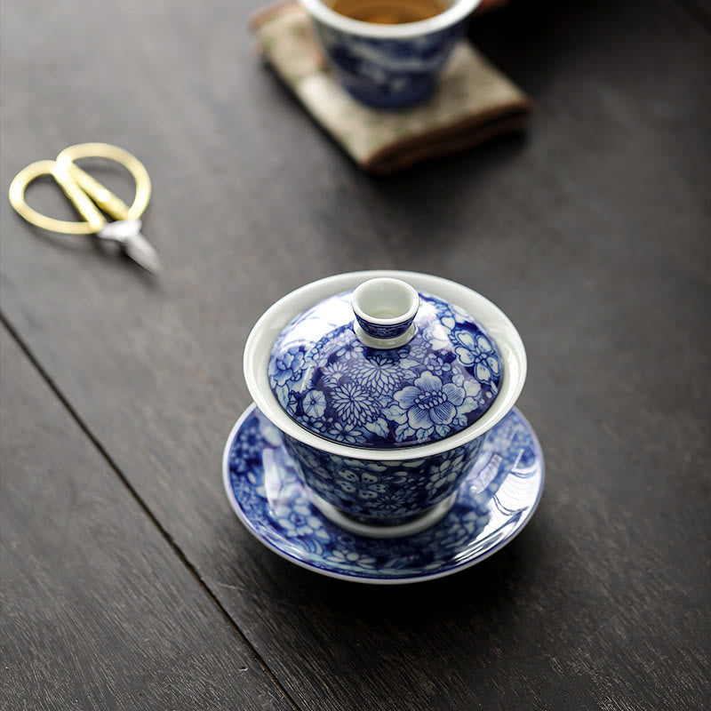 Buddha Stones Vintage Blue And White Porcelain Ceramic Gaiwan Sancai Teacup Kung Fu Tea Cup And Saucer With Lid Cup BS 1