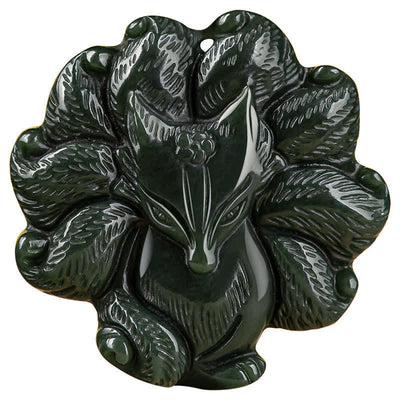 Buddha Stones Hetian Cyan Jade Nine Tailed Fox Luck Necklace String Pendant Necklaces & Pendants BS 12