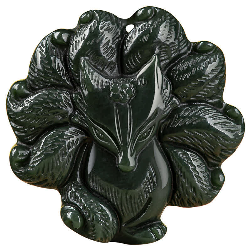Buddha Stones Hetian Cyan Jade Nine Tailed Fox Luck Necklace String Pendant Necklaces & Pendants BS 12