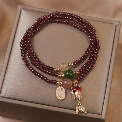 Buddha Stones Natural Garnet Strawberry Quartz Crystal Fox Koi Fish Peace Buckle Fortune Protection Triple Wrap Bracelet Bracelet BS Garnet&Koi Fish