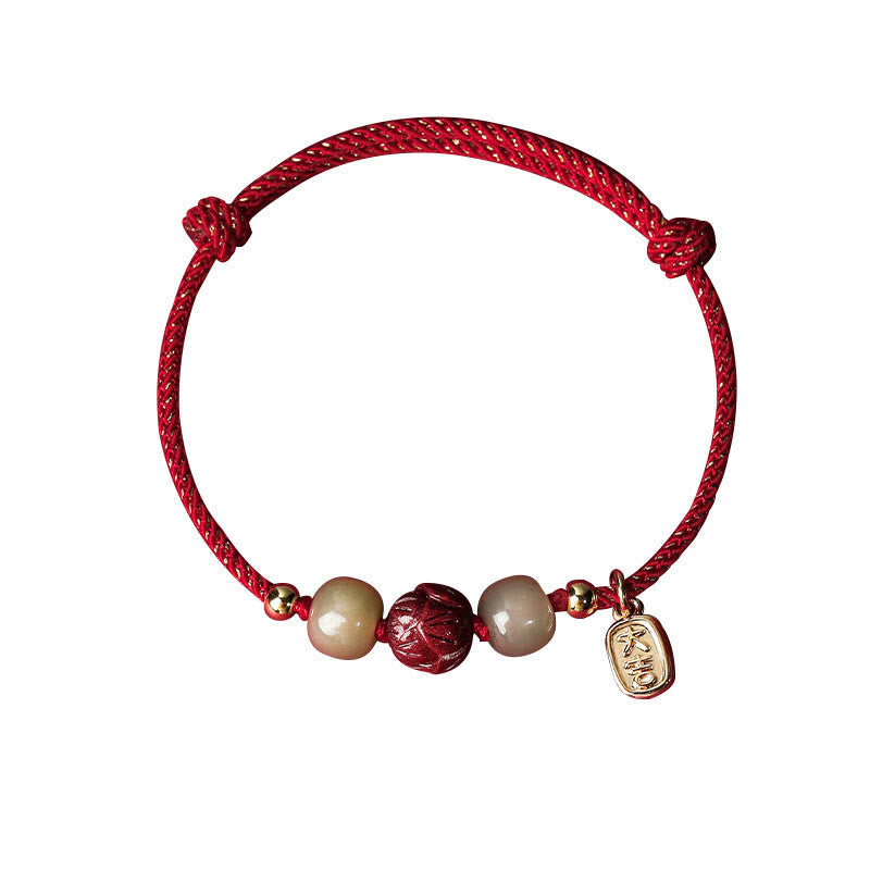 Buddha Stones 14K Gold Plated Hetian Jade Cinnabar Lotus Luck Handcrafted Rope Bracelet Bracelet BS 5