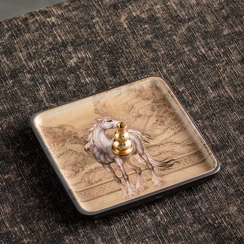 Buddha Stones Mountain Lake Flower Leaf Healing Ceramic Plate Tray Stick Incense Burner Decoration Incense Burner BS Horse 10.2*10.2*1.2cm