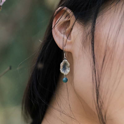 Buddha Stones 925 Sterling Silver Turquoise Lotus Leaf Protection Drop Dangle Earrings Earrings BS 3