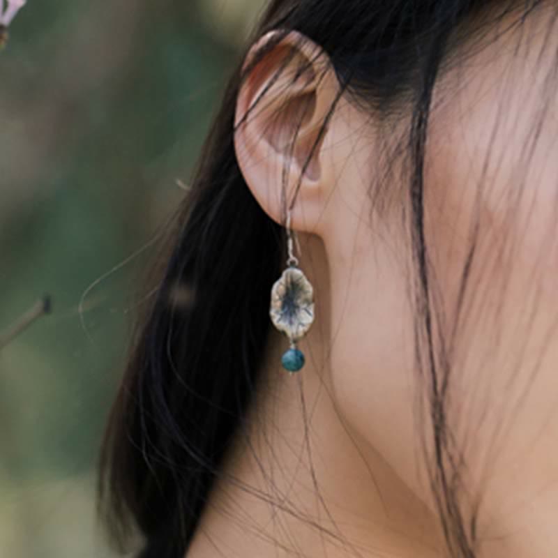 Buddha Stones 925 Sterling Silver Turquoise Lotus Leaf Protection Drop Dangle Earrings Earrings BS 3