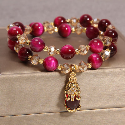 Buddha Stones Tiger Eye Pixiu Fox Money Bag Protection Self Confidence Double Wrap Bracelet Bracelet BS 1