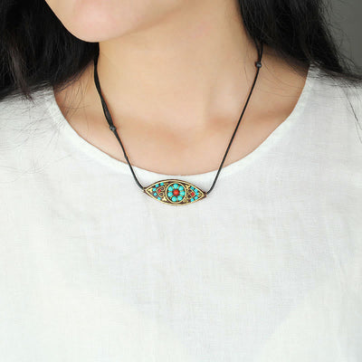 Buddha Stones Tibet Turquoise Bead Marquise Pattern Protection Strength Necklace Pendant Necklaces & Pendants BS 7