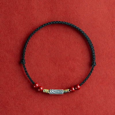 Buddha Stones 925 Sterling Silver Koi Fish Cinnabar Bead Wealth Handcrafted Braided Bracelet Anklet Bracelet Anklet BS Anklet(Circumference 17-30cm) Black Rope