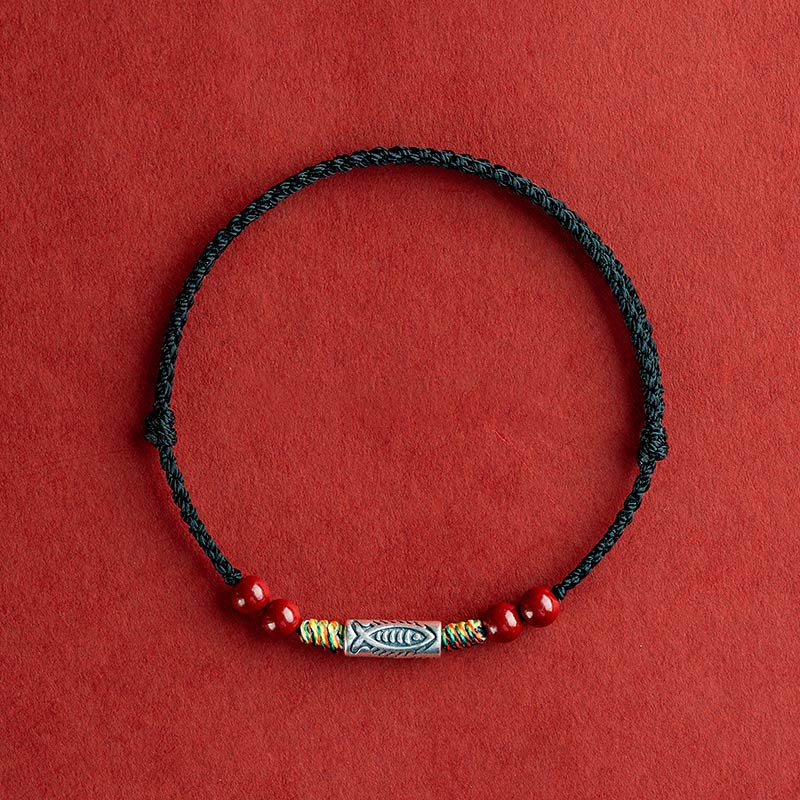 Buddha Stones 925 Sterling Silver Koi Fish Cinnabar Bead Wealth Handcrafted Braided Bracelet Anklet Bracelet Anklet BS Anklet(Circumference 17-30cm) Black Rope