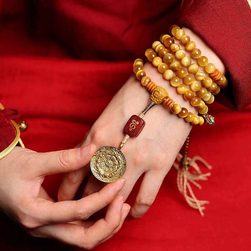 Buddha Stones 108 Mala Beads Natural Tiger Eye Copper Dorje Protection Tassel Bracelet Mala Bracelet BS 8