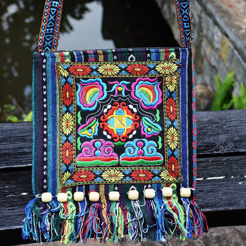 Buddha Stones Tibetan Handmade Embroidered Camellia Canvas Shoulder Bag Crossbody Bag Crossbody Bag BS 2