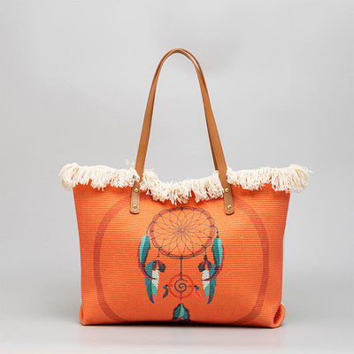 Buddha Stones Large Capacity Dreamcatcher Mandala Tassel Canvas Tote Shoulder Bag Shoulder Bag BS 1