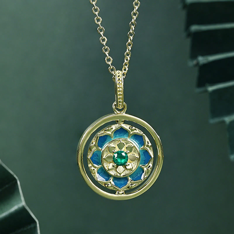 Buddha Stones 925 Sterling Silver Lotus Flower Floral Zircon Enlightenment Rotatable Necklace Pendant Necklaces & Pendants BS 2