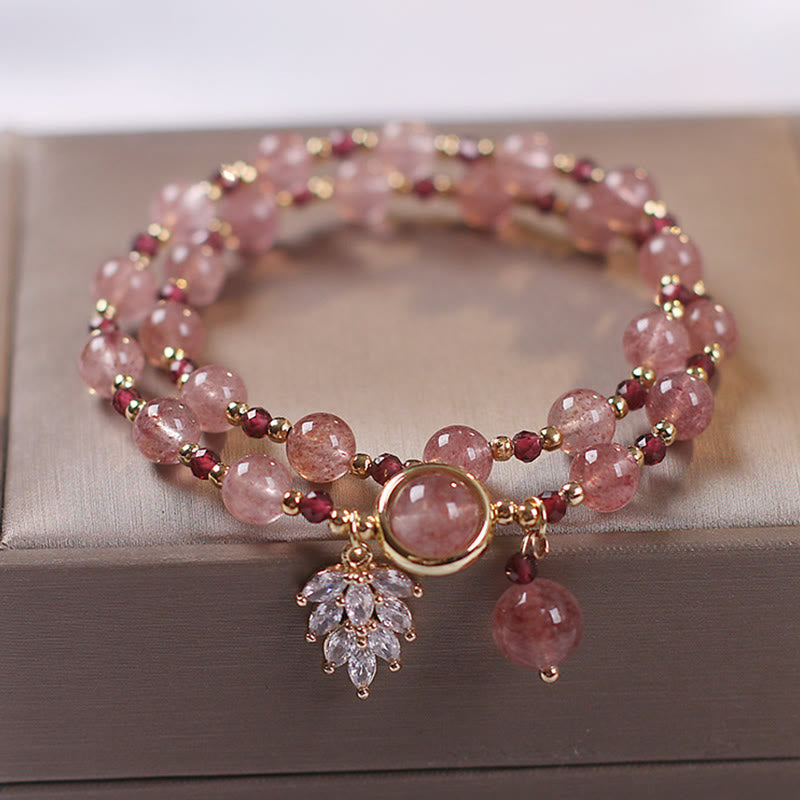 Buddha Stones Natural Strawberry Quartz Love Healing Maple Leaf Charm Double Wrap Bracelet Bracelet BS 1
