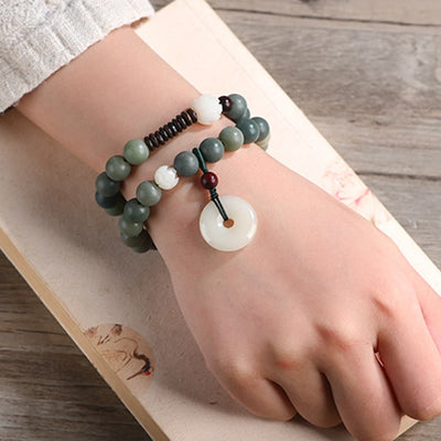 Buddha Stones Cyan Bodhi Seed Lotus Jade Peace Buckle Wisdom Double Wrap Bracelet Mala Bracelet BS 5