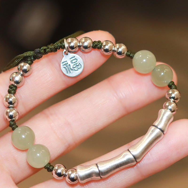 Buddha Stones 925 Sterling Silver Natural Jade Fu Character Bamboo Abundance Bracelet Bracelet BS 2