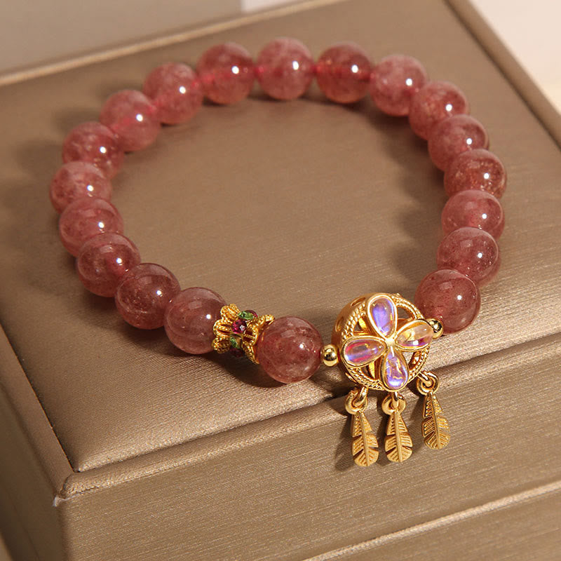 Buddha Stones Natural Strawberry Quartz Four Leaf Clover Dreamcatcher Charm Love Bracelet Bracelet BS 1