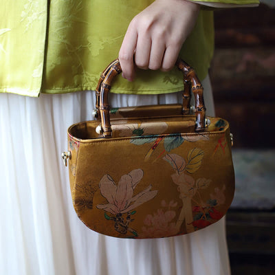 Buddha Stones Vintage Flower Peony Metal Chain Zipper Handbag Crossbody Bag Shoulder Bag Handbags BS Yellow Flower Bamboo Handle 20*14*7cm