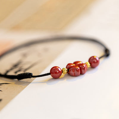 Buddha Stones Four Leaf Clover Cinnabar Blessing Calm String Bracelet Anklet Bracelet BS 23