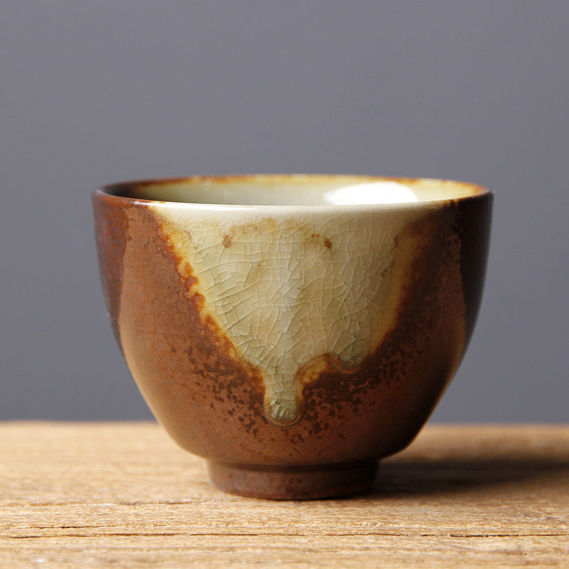 Buddha Stones Vintage Brown Beige Kiln Change Ceramic Teacup Kung Fu Tea Cup Bowl Cup BS 7.3cm*5.2cm*100ml
