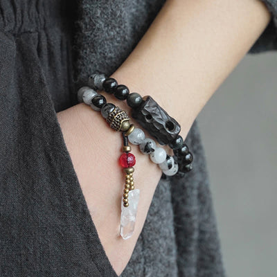 Buddha Stones Black Rutilated Quartz Ebony Wood White Crystal Success Couple Bracelet Bracelet BS 1