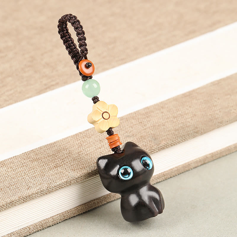 Porte-clés et pendentif pour téléphone Foviel en bois de santal rouge et ébène, motif petit chat porte-bonheur, décoration adorable