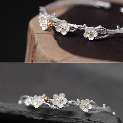 Buddha Stones 925 Sterling Silver Plum Flower Blessing Bracelet Adjustable Bangle Bracelet BS 14
