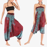 Foviel Two Style Wear Round Geometric Pattern Loose Smocked Harem Trousers Jumpsuit High Waist Women's Yoga Pants