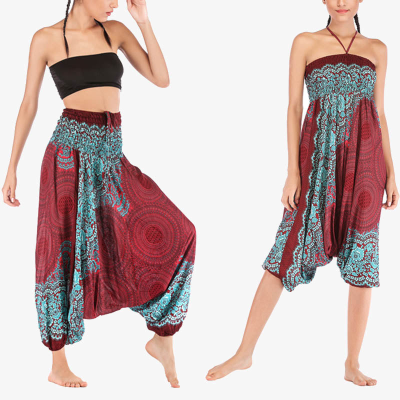 Buddha Stones Two Style Wear Round Geometric Pattern Loose Smocked Harem Trousers Jumpsuit High Waist Women's Yoga Pants Harem Pants&Bodysuit BS Red Green(Waist 60-100cm)