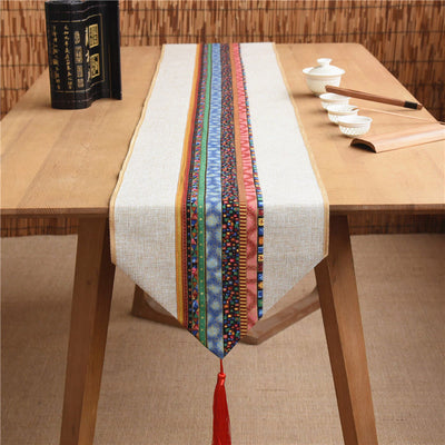Buddha Stones Classic Chinese Style Lotus Koi Fish Flower Crane Calligraphy Enlightenment Cotton Linen Tassels Table Runner Table Runner BS 5