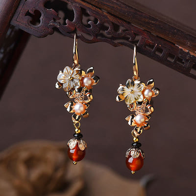 Buddha Stones 14K Gold Plated Tridacna Stone Flower Pearl Green Aventurine Bead Drop Earrings Earrings BS Black Tridacna Stone Flower Pearl Red Bead