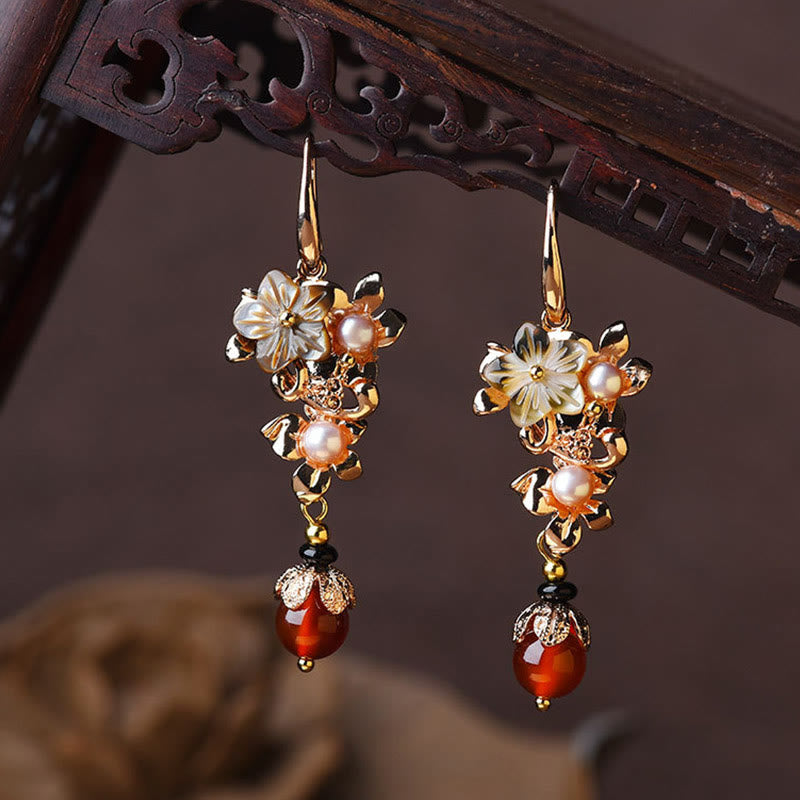 Buddha Stones 14K Gold Plated Tridacna Stone Flower Pearl Green Aventurine Bead Drop Earrings Earrings BS Black Tridacna Stone Flower Pearl Red Bead