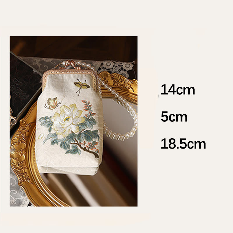 Buddha Stones Small Flowers Butterfly Embroidered Pearl Metal Chain Shoulder Bag Crossbody Handbag Cellphone Bag Crossbody Bag BS 10