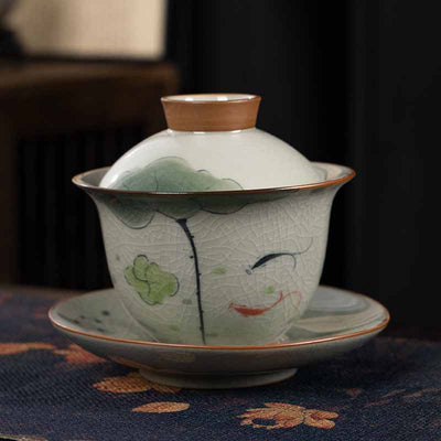 Buddha Stones Lotus Koi Fish Pod Leaf Ceramic Gaiwan Sancai Teacup Kung Fu Tea Cup And Saucer With Lid 140ml Cup BS Double Koi Fish Lotus Leaf 11.5cm*9.5cm*140ml