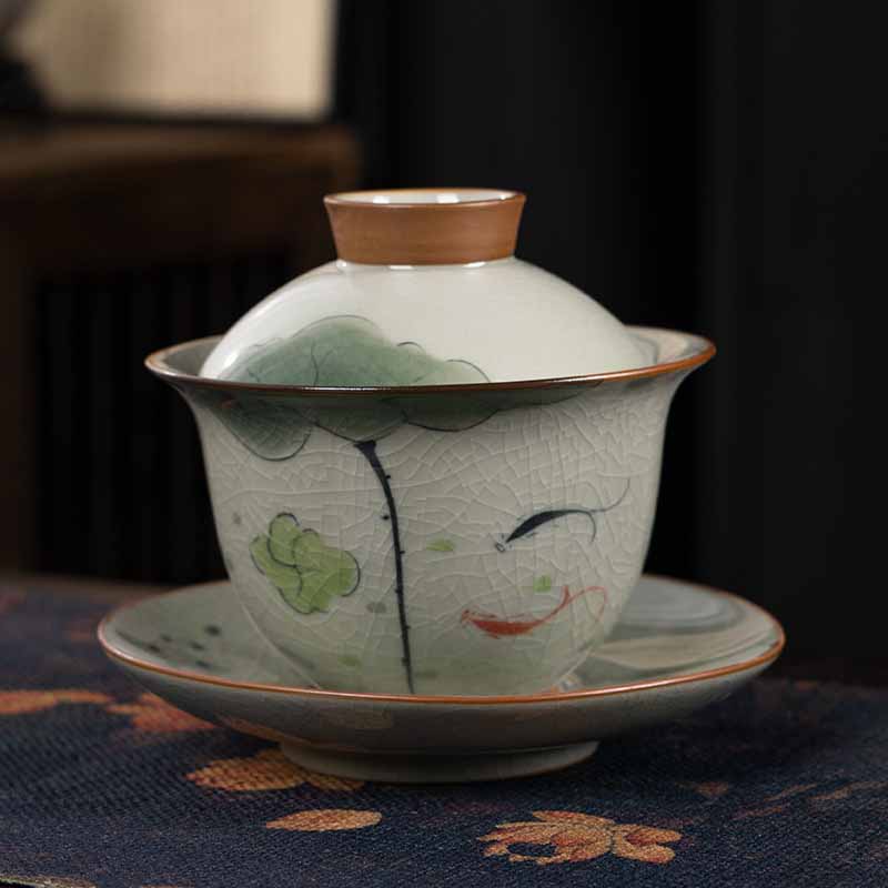 Buddha Stones Lotus Koi Fish Pod Leaf Ceramic Gaiwan Sancai Teacup Kung Fu Tea Cup And Saucer With Lid 140ml Cup BS Double Koi Fish Lotus Leaf 11.5cm*9.5cm*140ml
