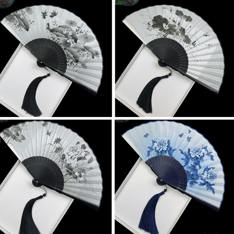 Buddha Stones Vintage Bamboo Peony Butterfly Lotus Handheld Silk Folding Fan With Bamboo Frames Folding Fan BS 15