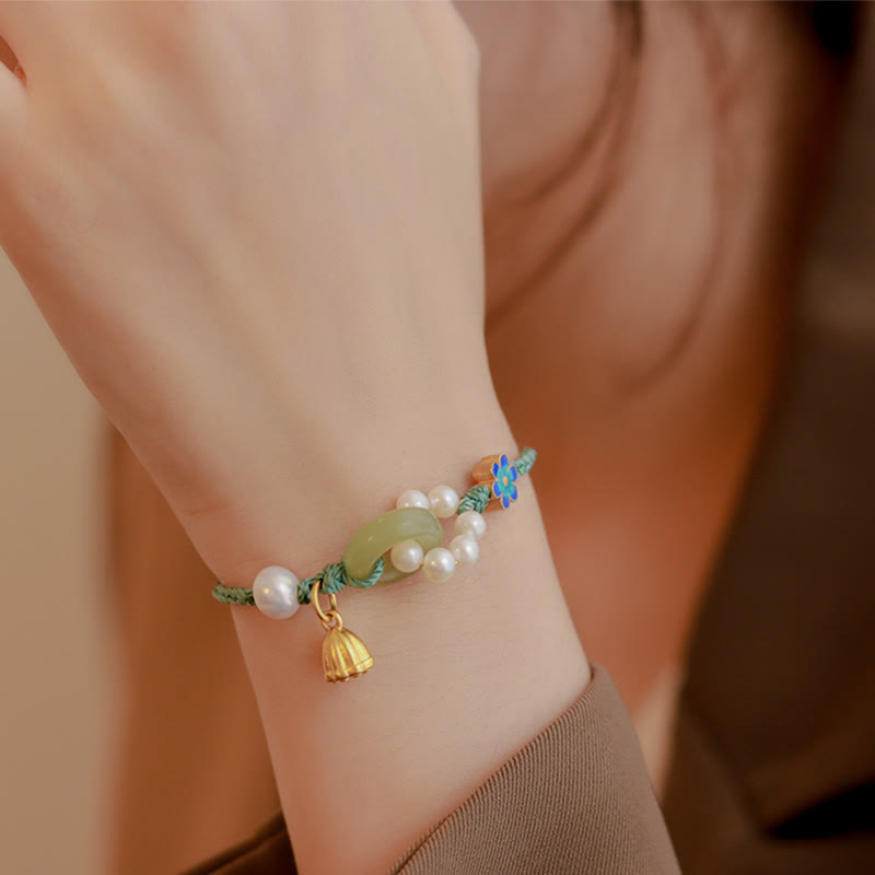 Buddha Stones Natural Hetian Jade Peace Buckle Pearl Luck Handcrafted Braided Bracelet Bracelet BS Peace Buckle Jade&Flower(Wrist Circumference 14-19cm)