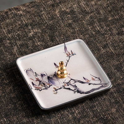 Buddha Stones Mountain Lake Flower Leaf Healing Ceramic Plate Tray Stick Incense Burner Decoration Incense Burner BS Purple Flower 10.2*10.2*1.2cm