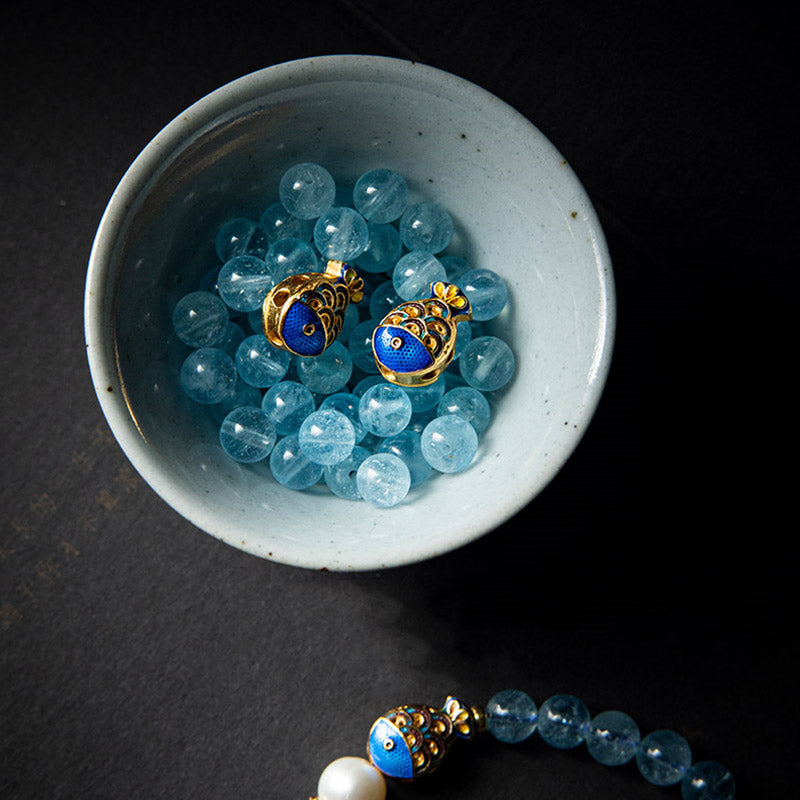 Buddha Stones Natural Aquamarine Lazurite Fish Healing Bracelet - image 6