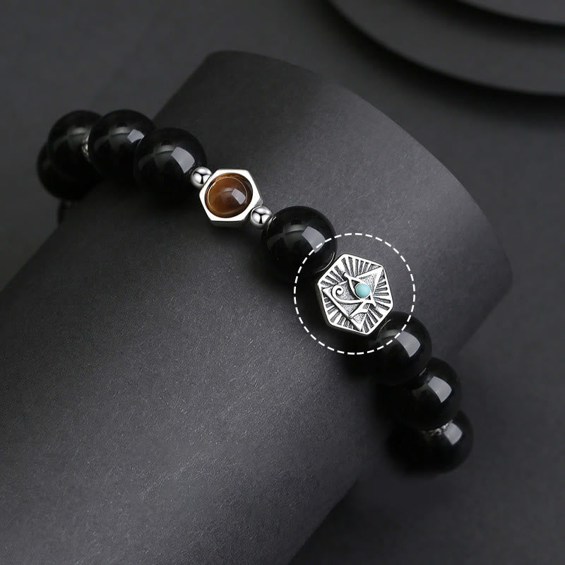 Foviel 925 Sterling Silver Black Obsidian Tiger Eye Eye of Providence Purification Bracelet