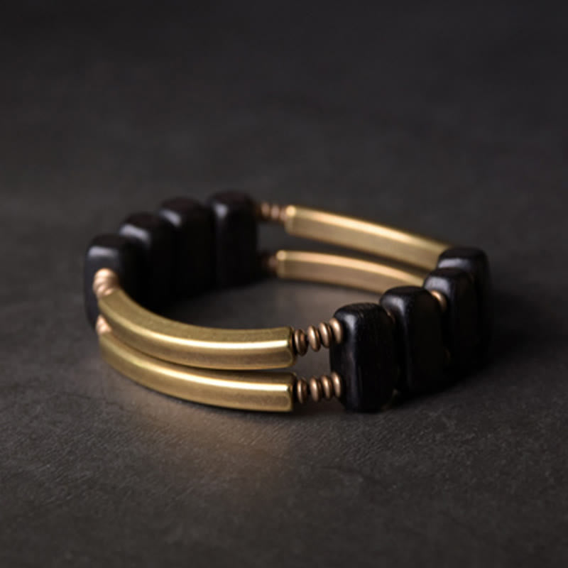 Buddha Stones Tibetan Ebony Wood Brass Copper Balance Double Layer Bracelet - 17-17.5cm - image 0