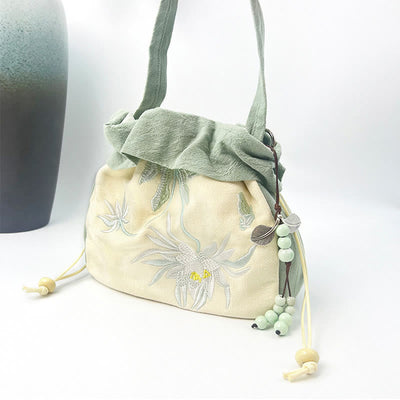 Buddha Stones Suzhou Embroidery Lotus Epiphyllum Magnolia Cotton Linen Tote Crossbody Bag Shoulder Bag Handbag Crossbody Bag BS 9