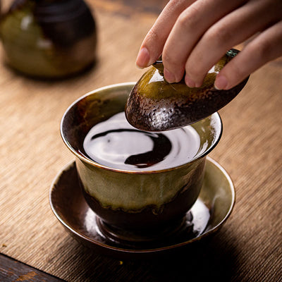 Buddha Stones Vintage Brown Kiln Change Design Porcelain Ceramic Gaiwan Sancai Teacup Kung Fu Tea Cup And Saucer With Lid Cup BS 9