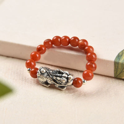 Buddha Stones 925 Sterling Silver Natural Garnet Moonstone Red Agate PiXiu Wealth Ring Ring BS 9