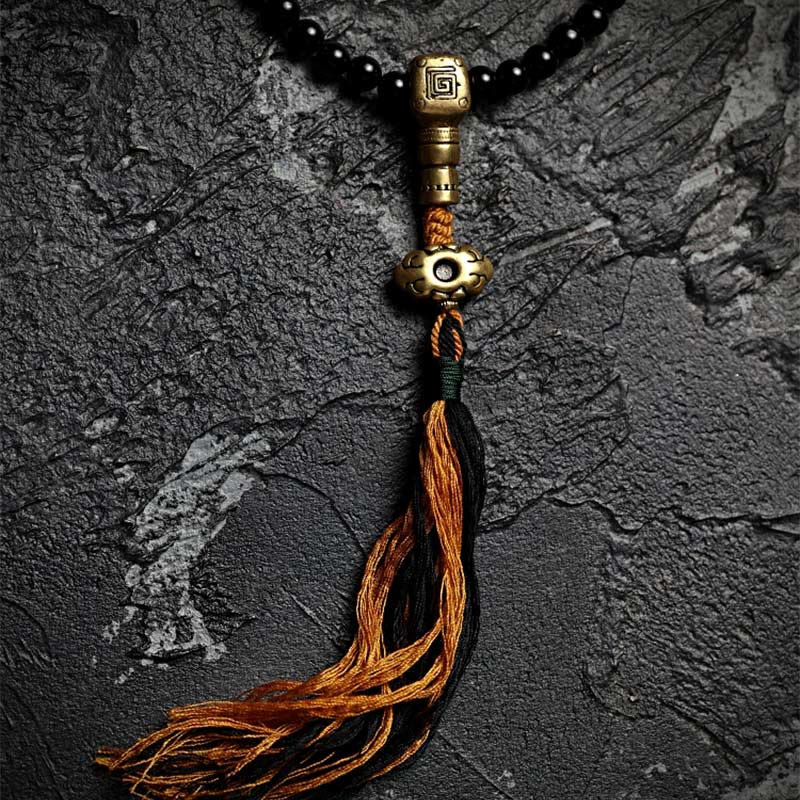 Buddha Stones Tibetan 108 Mala Beads Black Onyx Tiger Eye Beads Nine Palaces Bagua Protection Bracelet Mala Bracelet BS 1
