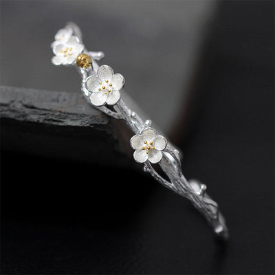 Buddha Stones 925 Sterling Silver Plum Flower Blessing Bracelet Adjustable Bangle Bracelet BS Plum Flower