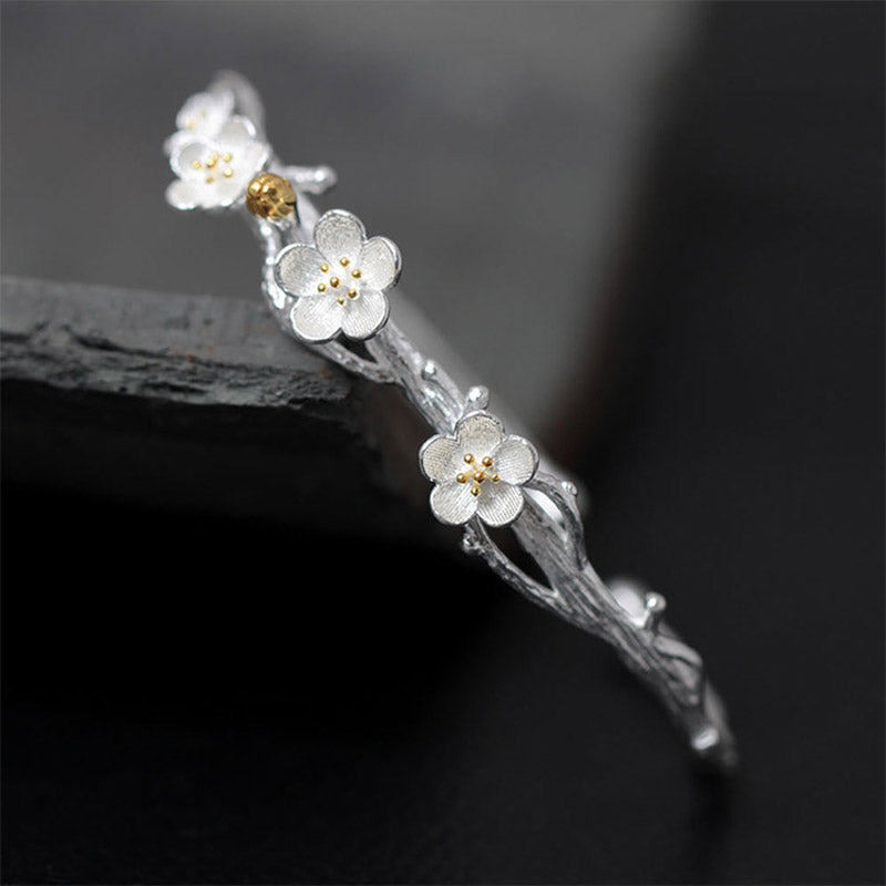 Buddha Stones 925 Sterling Silver Plum Flower Blessing Bracelet Adjustable Bangle Bracelet BS Plum Flower