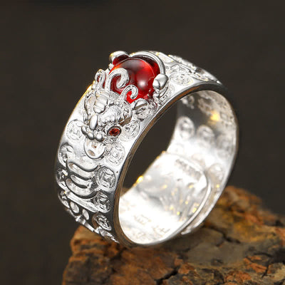 Buddha Stones FengShui PiXiu Red Garnet Heart Sutra Wealth Ring Ring BS 5