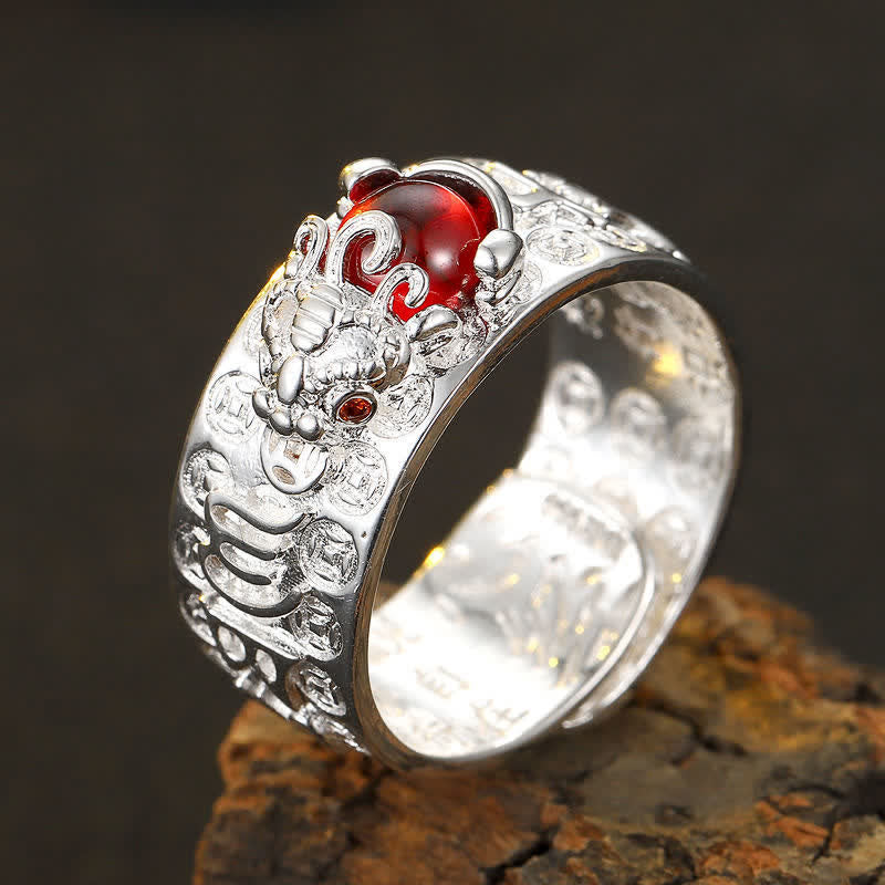 Buddha Stones FengShui PiXiu Red Garnet Heart Sutra Wealth Ring Ring BS 5