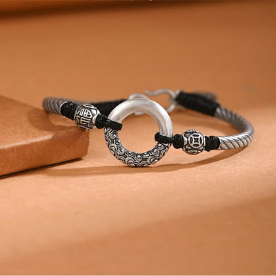 Buddha Stones 999 Sterling Silver Fu Character Peace Buckle Copper Coin Auspicious Clouds Fortune Bracelet Bracelet BS 8