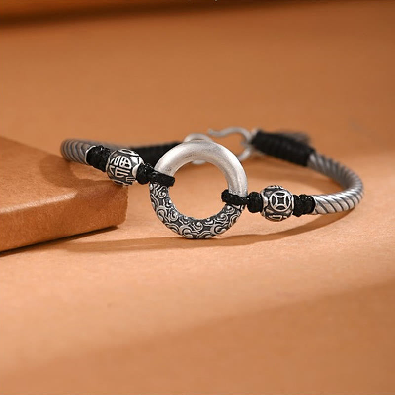 Buddha Stones 999 Sterling Silver Fu Character Peace Buckle Copper Coin Auspicious Clouds Fortune Bracelet Bracelet BS 8